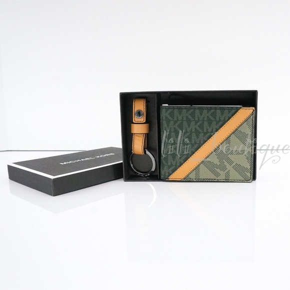 NWT Michael Kors Men's Gifting Slim Bifold Wallet Key Fob Set PVC Leather Green - Picture 1 of 12